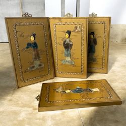 Vintage Asian Lacquer Wall Panels Mother of Pearl Figures Set of 4 