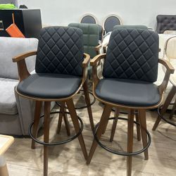 Bar Stools Set of 2 - 29.1 inch Mid Century Bar Stools with Walnut Craftsmanship, Curved Back and Arms, Upholstered Seat, Kitchen Island Stools