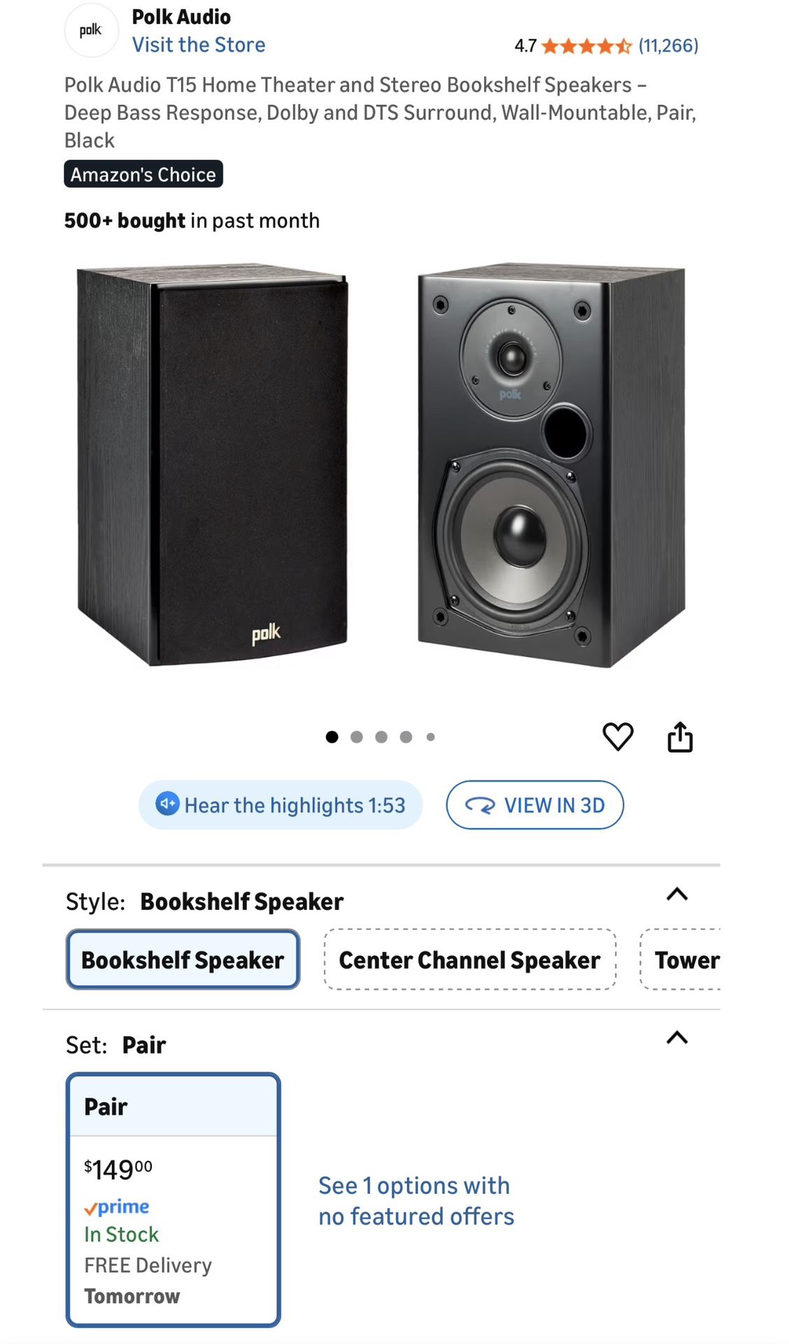 Polk Audio T15 Home Theater and Stereo Bookshelf Speakers – Deep Bass Response, Dolby and DTS Surround, Wall-Mountable, Pair, Black