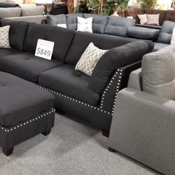Brand New 104" x 75" Black Linen Studded Reversible Sectional + Ottoman