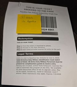 (4) tickets to Aquatica SeaWorld in San Antonio