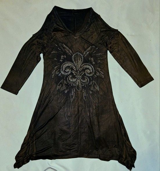 Brown Fleur-De-Lis Rhinestone Tunic Cold Shoulder Asymetrical Bottom Size Small