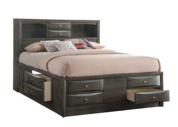 Gray King Bookcase Bed with Storage Drawers