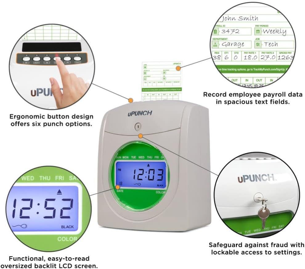 uPunch HN1500 Starter Time Clock Bundle for Small Business: Employee Punch Clock System with 100 Time Cards#2686CUP2