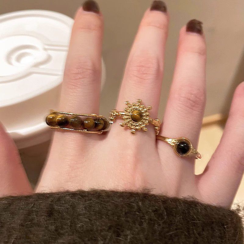 Yadan style sunflower tiger eye stone ring women's light luxury ins niche design high-end retro index finger ring