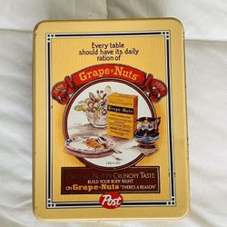 Vintage 1898 Reproduction Grape-Nuts Cereal Tin 8" x 3.25" x 6" No Dents