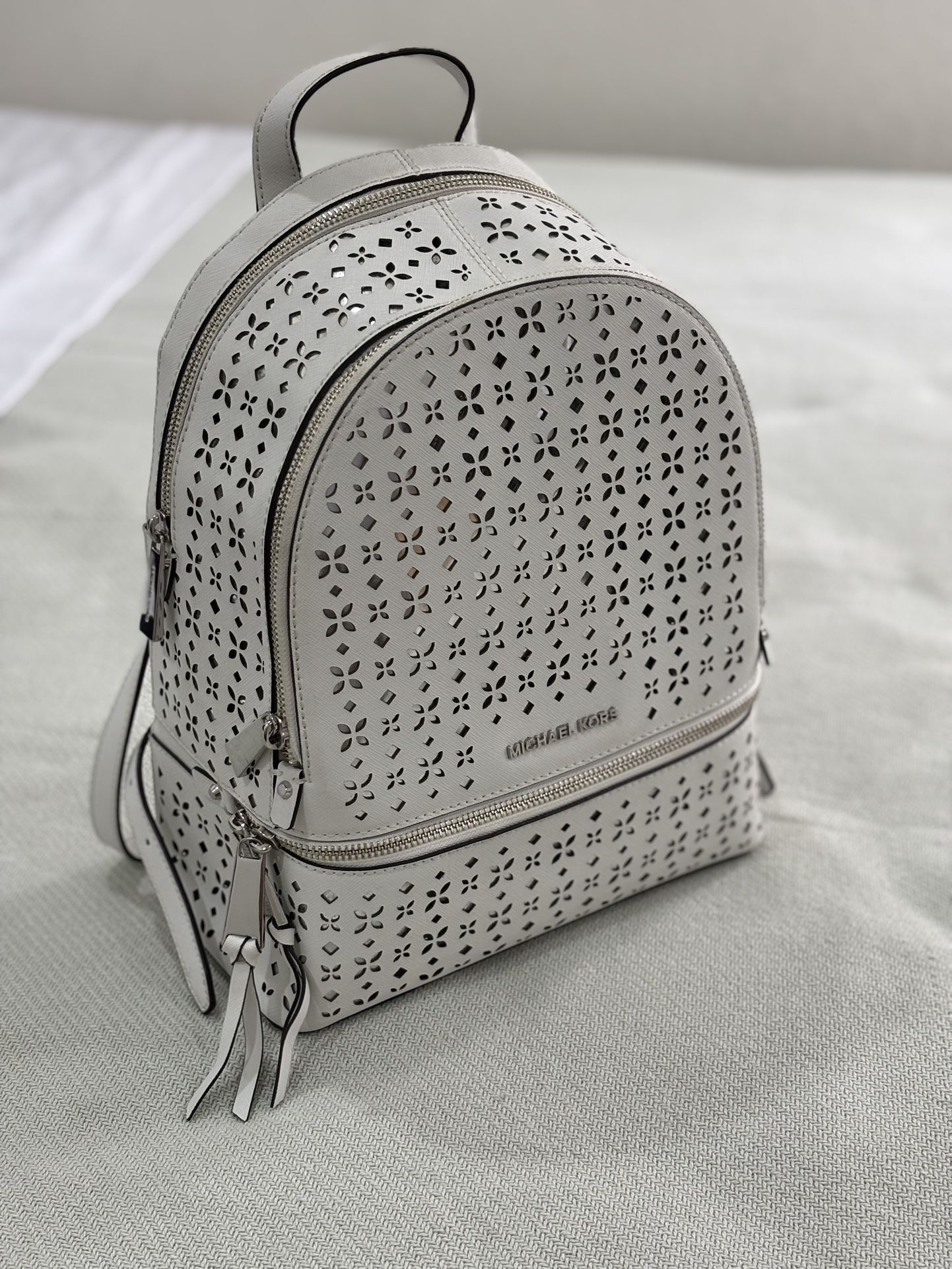 Michael Kors Rhea leather backpack white medium laser cutout