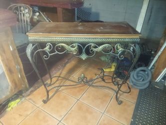 Ornate Wood Top Wrought Iron Console Table