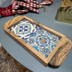 Kamsah Olive Wood Serving Tray with Ceramic Tile for Tea & Coffee Service, Alhambra