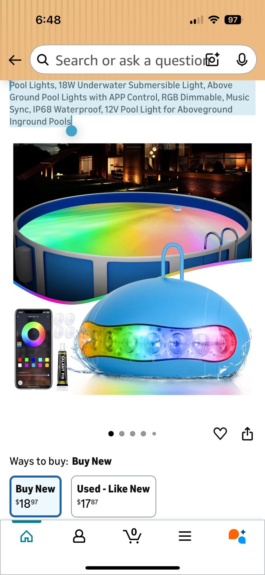 Pool Lights, 18W Underwater Submersible Light, Above Ground Pool Lights with APP Control, RGB Dimmable, Music Sync, IP68 Waterproof, 12V Pool Light fo