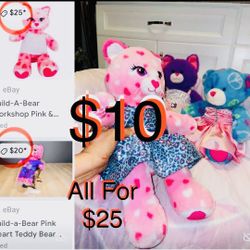 $10 Each or All for $25 Build A Bear Workshop Cat with Hearts 💕 Peace sing Blue Bear & Purple Cat