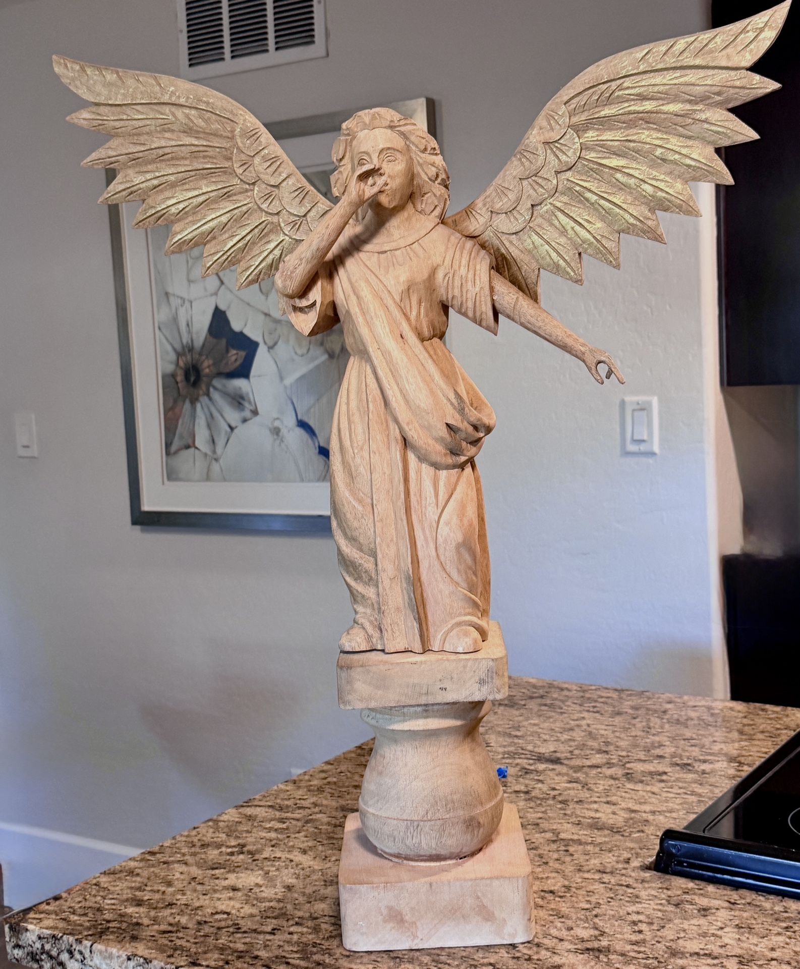 Vintage Hand Carved Wooden Angel Gabriel 33” Tall Beautiful Statue