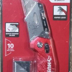 HUSKY Folding Utility Knife, Red, Rapid Lock & Textured Grip w/ Ten Xtra Blades