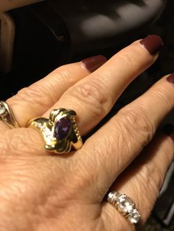 Beautiful Yellow Gold Plated Marquise Cut Purple Center CZ Classic Ring Size 9