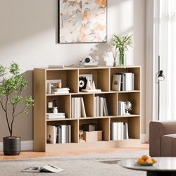 Oak Bookshelf, 3-Tier Open Shelf Bookcase, 10 Cube Storage Organizer with Anti-Tilt Device, Freestanding Horizontal Bookshelf Cube Shelf for Bedroom, 