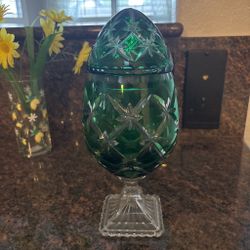 Green Cut Crystal Egg-Shaped Lidded Candy Dish