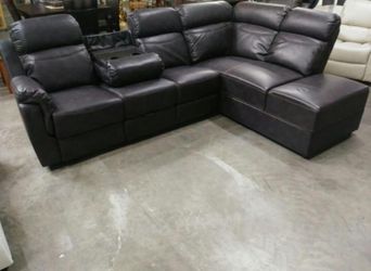 Brand New Brown Leather Reclining Sectional With Storage Compartments Built In Cup Holders & A Drop Down Table