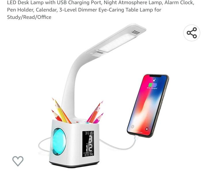 LED Desk Lamp with USB Charging Port, Night Atmosphere Lamp, Alarm Clock, Pen Holder, Calendar, 3-Level Dimmer Eye-Caring Table Lamp