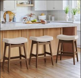 Bar Stools Set of 3, Barstools with Sturdy Wood Legs, Saddle Seat Counter Height Bar Stools for Kitc