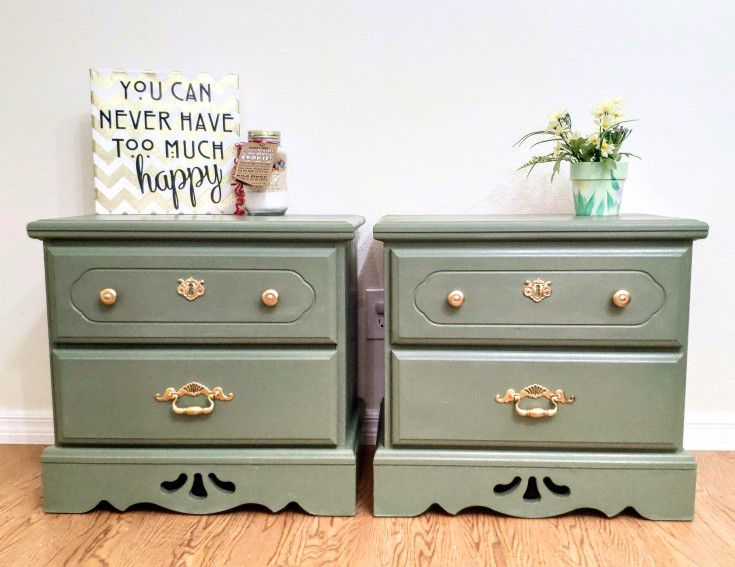 Pair of 2 Wood Green Nightstands Lowboy Dressers Night Stands 2 Drawers Gold Handles Pulls Knobs