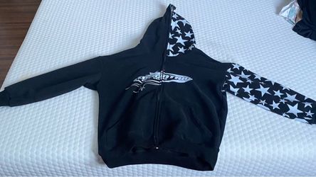 Black Egocentric Zip-Up Hoodie with Star Print
