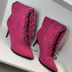 Hot Pink Lace-Up Knee High Boots - Size 11