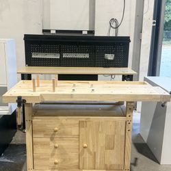50-Inch Wood Workbench - Rubber Wooden Heavy Duty Work Bench with 3 Drawers 1 Cabinet Door and Shelf Integrated Vises for Garage Workshop, Woodworking
