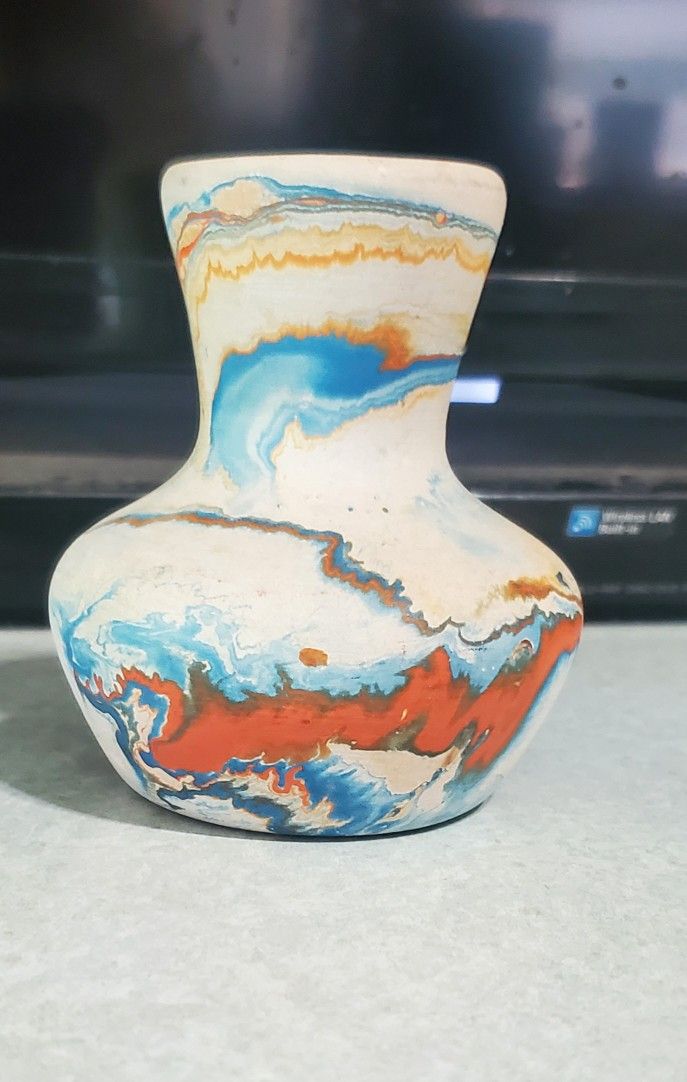Vintage Nemadji USA Pottery Turquoise Blue Orange Swirl Pattern Vase Southwest Design