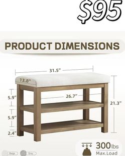 😀 2-Tier Shoe Rack Bench with Cushion, Solid Wood Shoe Benches, Mid-Century Modern Shoe Storage Bench for Entryway, Hallway, Living Room, Closet, Fro