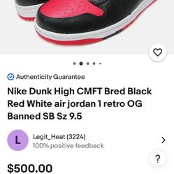 Nike Dunk High CMFT Bred Jordan 1’s/Size 12