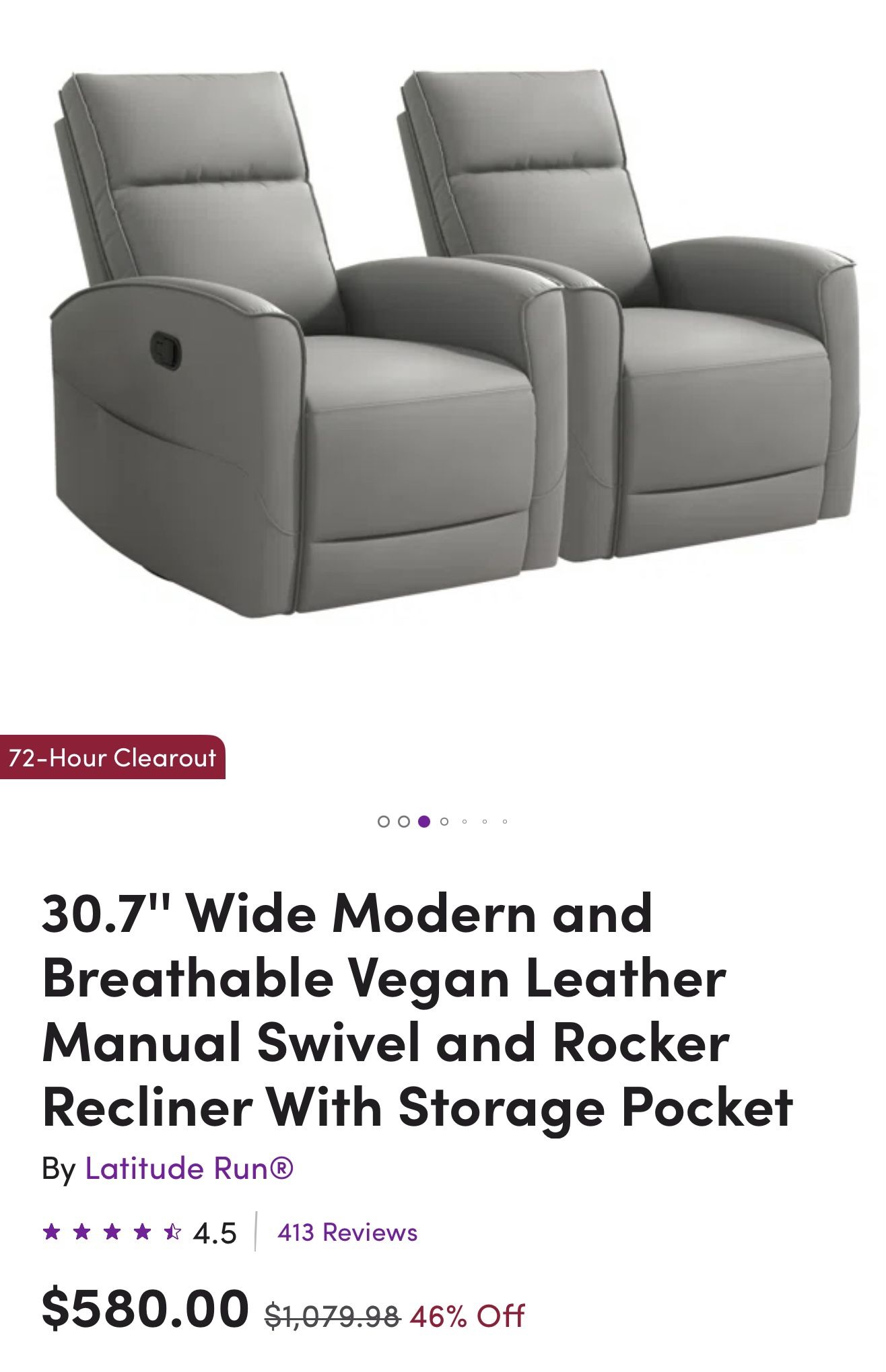 Grey Set Of Faux Leather Swivel rocker recliners