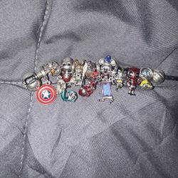 Pandora Leather Braclet With Disney And Marvel Charms 