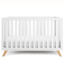 Baby Crib for 0 to 3 Years - White Bars and Frame and Natural Wood Leg