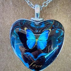 Blue Butterfly Heart Shaped Ladies Crystal Pendant Necklace