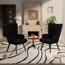 set of 2 Teddy Fabric Accent Chair, Comfy Upholstered Armchair, High Backrest Living Room Chair, Wingback Chair Mid Century Modern for Living Room/Van