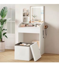 Small Vanity Set with Lighted Mirror & Power Station, 24" Modern White Makeup Desk with Storage Stool, HairDryer Rack, Smart LED 3-Color Lighting, Com