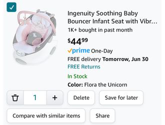 Ingenuity Soothing Baby Bouncer Infant Seat with Vibrations, -Toy Bar & Sounds, 0-6 Months Up to 20 lbs (Pink Flora the Unicorn)