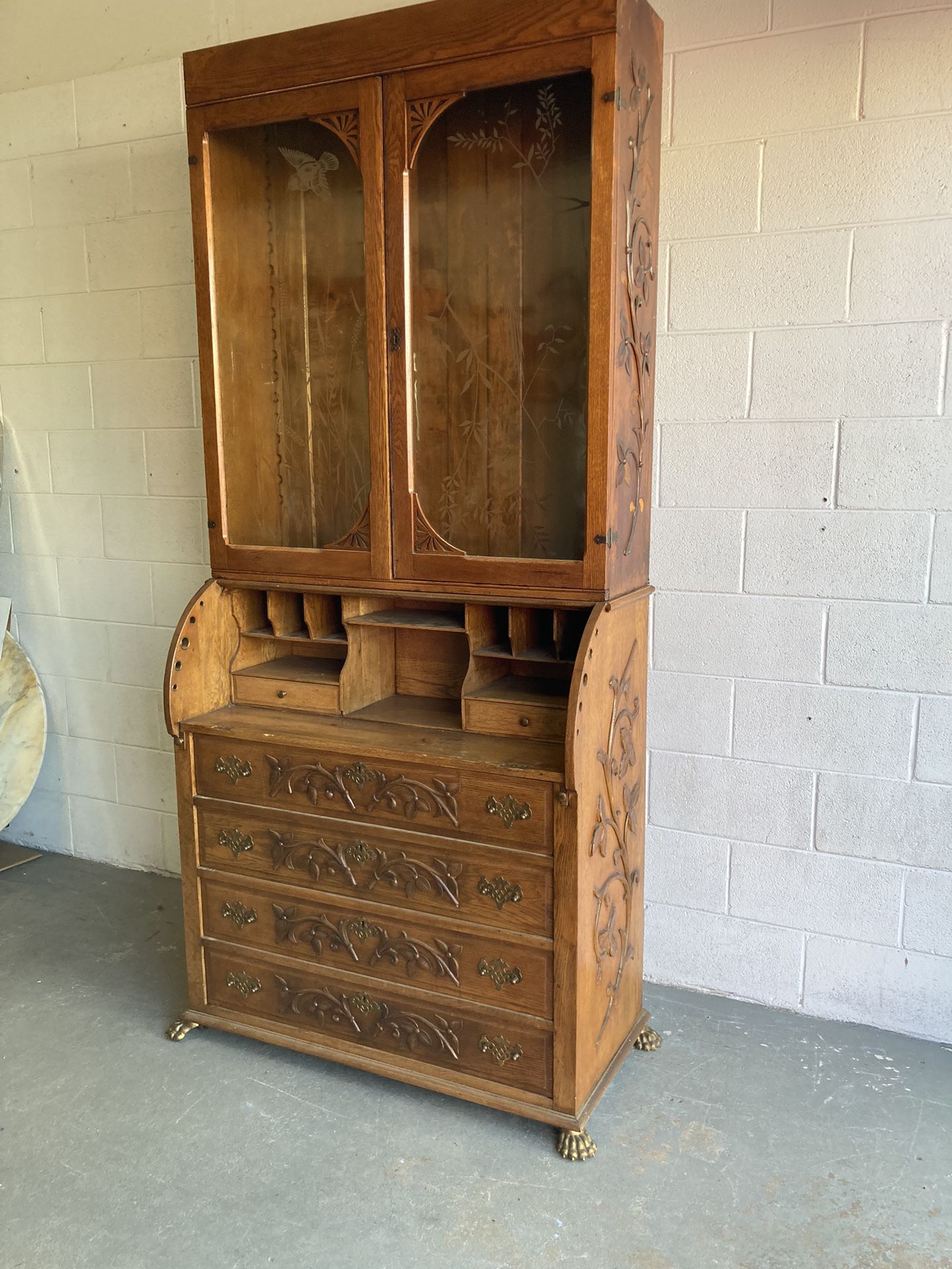 Stunning, carved wood secretary desk with brass claw feet, separate China hutch, Bird motif glass!