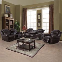 New Espresso Leather Recliner Set Include Sofa, Loveseat And Chair New In Packaging 