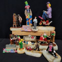 Ron Lee Collectible Clown Enamel Figures On Onyx Stone Base Emmett Kelly Jr Disney Mickey Warner Brothers 