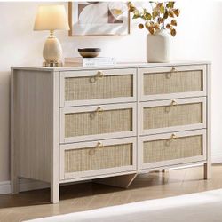 Rattan 6 Drawer Dresser for Bedroom: 51" White Dresser Chest of Drawers Cabinet for Closet with Lar
