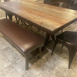 Rustic Multicolored Dining Room, Table, 4 Chair, Chairs And A Bench