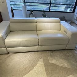 White Leather Sofa – Power Recliner with Charging Ports – Modern
