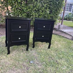 Black Nightstand Set of 2 for Bedroom, Vintage Small Night Stand with Drawers, Farmhouse Side Table, Wooden End Tables with Curved Legs for Office