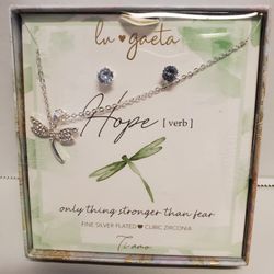 Dragonfly Necklace And Earrings Set. Fine Silver Plated With Cubic Zirconia