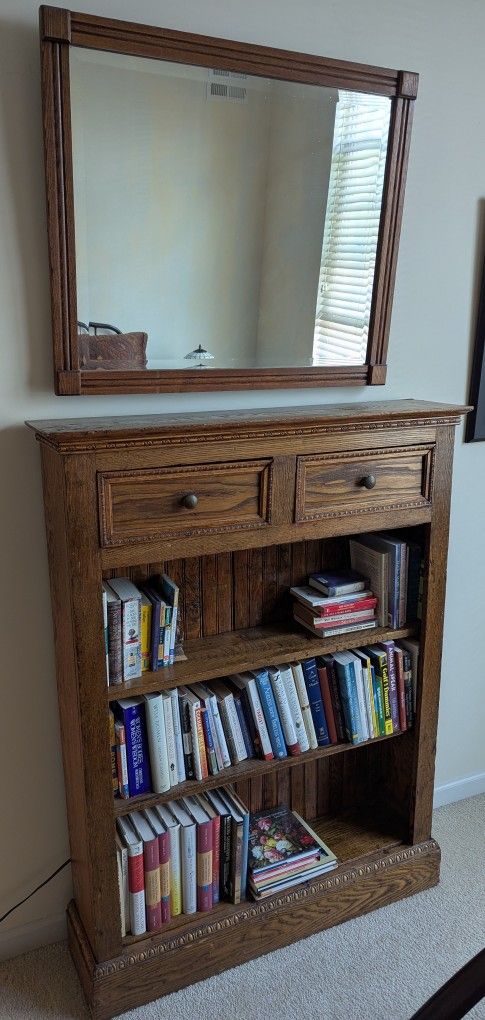 ANTIQUE OAK BOOKCASE AND BEVELED MIRROR