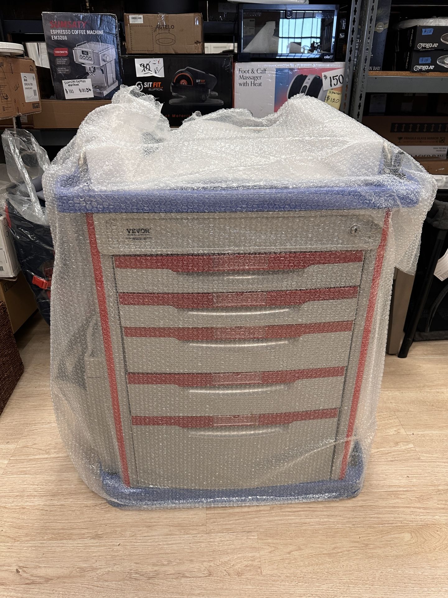 VEVOR 5 Tiers Lab Carts Mobile Medical Cart with 5 Drawers & 2 Trash Cans Blue