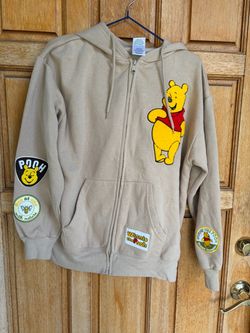 Disney Winnie the Pooh Patch Hoodie Women’s L Beige Full Zip Embroidered
