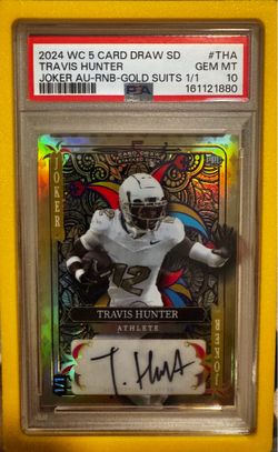 Travis Hunter 2024 WC 5 Card Draw Joker Auto Gold Suits 1/1 PSA 10