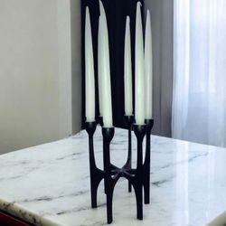 Brutalist style black cast iron candelabra tapered 6 candlestick holder holiday table decor 